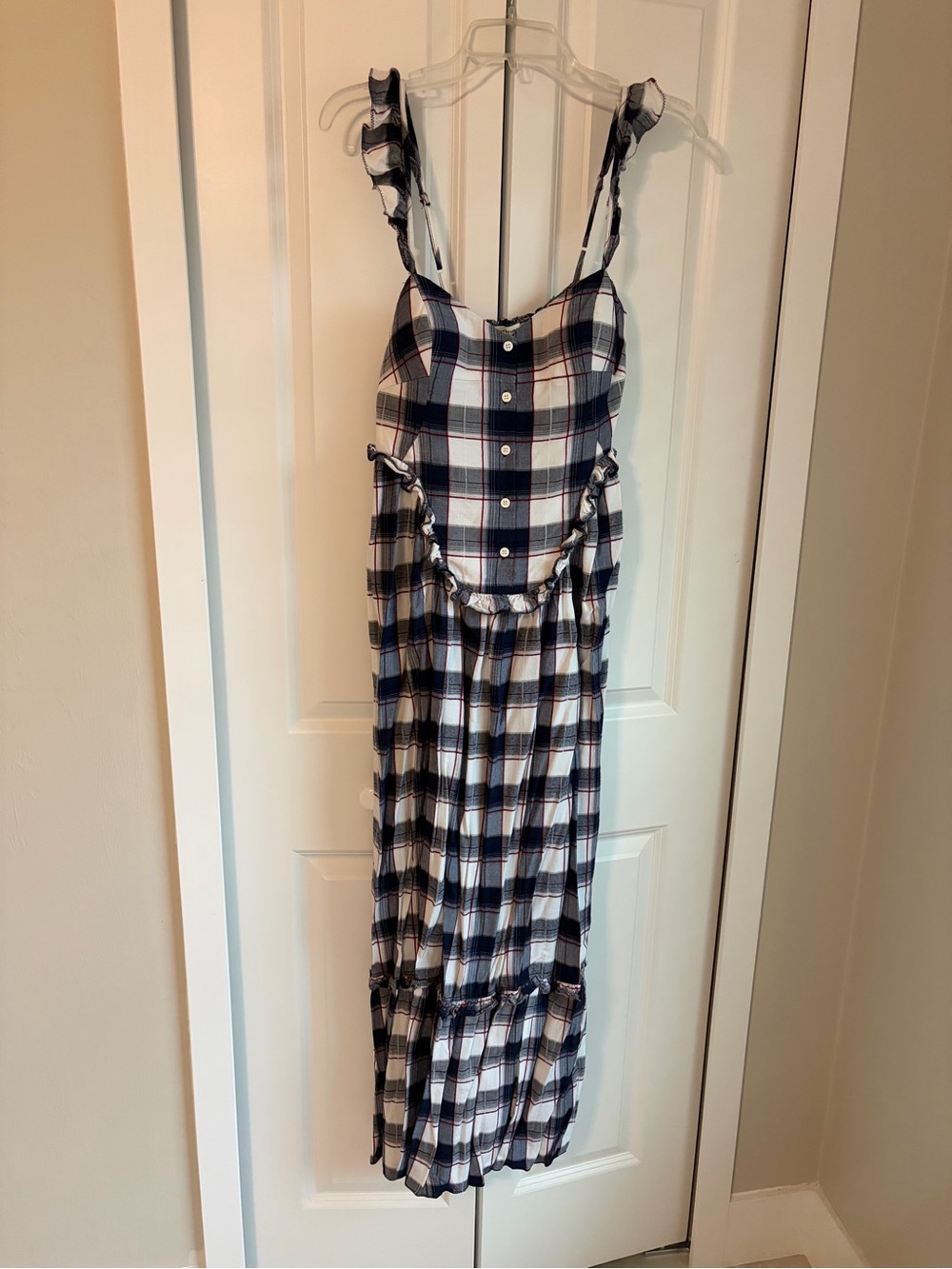 Max Studio Navy and White Plaid Ruffle Strap Maxi Dress